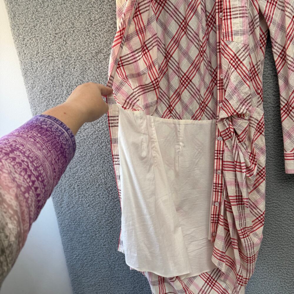 Veronica Beard Della Plaid Ruched Dress White Pink Tie Front Shirt Dress Size 4 - Picture 6 of 10